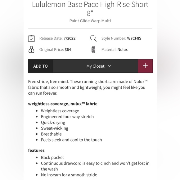 NWT Lululemon Base Pace HR 8”Short,Size-0 - Picture 8 of 8